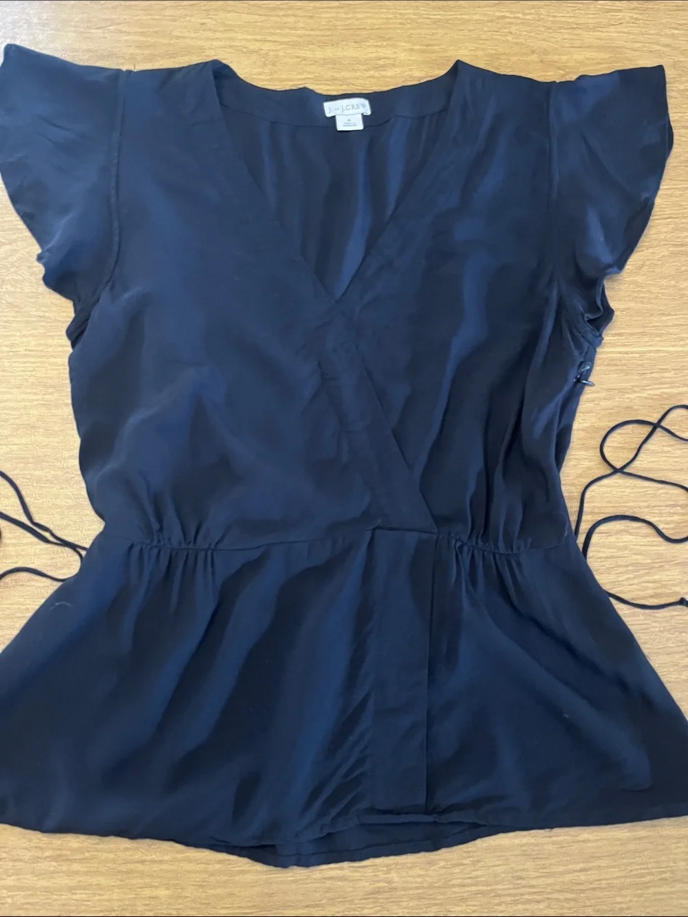 J by J. Crew Black V-Neck Peplum Blouse with Flutter Sleeves, Faux Wrap, Sz 6
